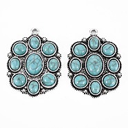 Tibetan Style Alloy Pendants, with Synthetic Turquoise, Cadmium Free & Lead Free, Oval, Antique Silver, 47.5x34.8x6.5mm, Hole: 2.5mm(PALLOY-81943-298AS-RS)