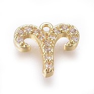Golden Plated Brass Micro Pave Cubic Zirconia Charms, Twelve Constellations, Aries, 8x9x2mm, Hole: 0.8mm(ZIRC-L075-51K)