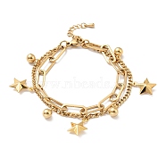Star and Round Ball Charm Multi-strand Bracelet, Vacuum Plating 304 Stainless Steel Double Layered Chains Bracelet for Women, Golden, 7-1/2 inch(19cm)(BJEW-G639-17G)