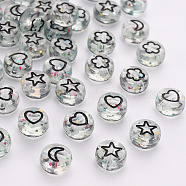Transparent Clear Acrylic Beads, with Glitter Powder, Flat Round with Black Moon & Heart & Flower & Star, 7x3.5mm, Hole: 1.5mm, about 3600pcs/500g(TACR-Q102-001)