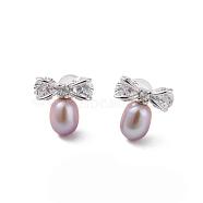925 Sterling Silver Studs Earring, with Cubic Zirconia and Natural Pearl, Bowknot, Platinum, 12.5x12mm(EJEW-H002-09P)