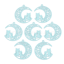 430 Stainless Steel Kitten Pendants, Spray Painted, Etched Metal Embellishments, Crescent Moon with Couple Cat Shape, Pale Turquoise, 22x19x0.5mm, Hole: 1mm(STAS-S108-24C)