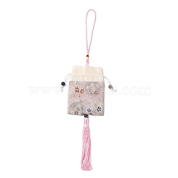 Brocade Sachet Bag, Drawstring Floral Embroidered Bag, Rectangle with Tassel, Misty Rose, 42cm, Bag: 12.5x8.8x0.2cm, Bead: 0.8~0.9cm, Tassel: 12.5x1cm(ABAG-H108-03A)