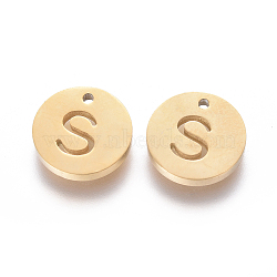 304 Stainless Steel Charms, Ion Plating (IP), Flat Round, Letter S, 10x1~1.5mm, Hole: 1mm(STAS-F227-11S-G)