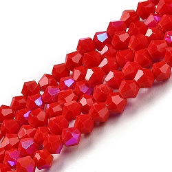 Opaque Solid Color Imitation Jade Glass Beads Strands, AB Color Plated, Faceted, Bicone, Red, 4x4mm, Hole: 0.8mm, about 82~85pcs/strand, 12.01~12.2 inch(30.5~31cm)(EGLA-A039-P4mm-L02)