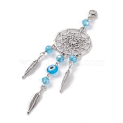 Woven Net/Web with Feather Tibetan Style Alloy Pendant Decorations, Evil Eye Lobster Clasp Charms, Clip-on Charms, for Keychain, Purse, Backpack Ornament, Stitch Marker, Deep Sky Blue, 115x28.5mm(HJEW-TAC0007-05)