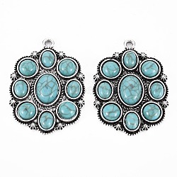 Tibetan Style Alloy Pendants, with Synthetic Turquoise, Cadmium Free & Lead Free, Oval, Antique Silver, 47.5x34.8x6.5mm, Hole: 2.5mm(PALLOY-81943-298AS-RS)