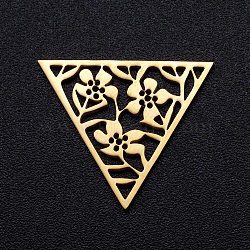 201 Stainless Steel Filigree Joiners Links, Laser Cut, Triangle with Flower, Golden, 17x20x1mm(STAS-S105-JN904-2)