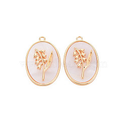 Brass Birth Floral Pendants, Oval with Flower Mother of Pearl White Shell Charms, Nickel Free, Real 18K Gold Plated, May Lily of the Valley, 27x18x4mm, Hole: 1.8mm(KK-S364-289)