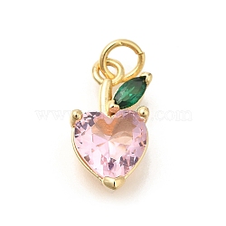 Heart with Leaf Brass Pendants, with Glass, Long-Lasting Plated, Real 18K Gold Plated, 16.5x5x3.5mm, Hole: 3.5mm(KK-M295-02G)