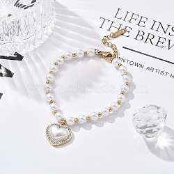 Ion Plating(IP) 304 Stainless Steel Charm Bracelets for Women, with Plastic Pearl & Rhinestone, Heart, Real 18K Gold Plated, 6-5/8 inch(16.8cm)(BJEW-P345-04G)