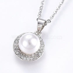 304 Stainless Steel Pendant Necklaces, with Cubic Zirconia and Acrylic Imitation Pearl, Flat Round, Stainless Steel Color, 17.71 inch(45cm), Pendant: 18x12x8.5mm(NJEW-H486-16P)