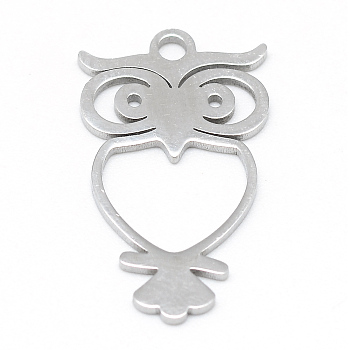 Non-Tarnish 201 Stainless Steel Pendants, Owl, Stainless Steel Color, 21x12.5x1mm, Hole: 2mm