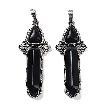 Natural Obsidian Sword Big Pendants, Rack Plating Antique Silver Plated Brass Charms, Cadmium Free & Lead Free, 51x20x9mm, Hole: 6.5x5mm
