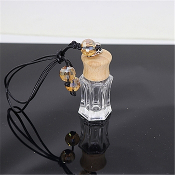 Empty Glass Perfume Bottle Pendants, Aromatherapy Fragrance Essential Oil Diffuser Bottle, with Coffee Color Cord, Car Hanging Decor, with Wood Lid, Hexagon, 5.36x2.7cm