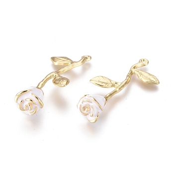 Alloy Pendants, with Enamel, Big Rose Flower, Golden, White, 38x17x9mm, Hole: 1.2mm