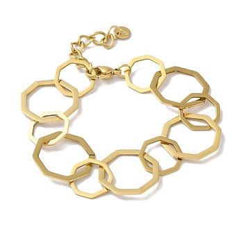 304 Stainless Steel Octagon Link Chain Bracelets for Women, Real 18K Gold Plated, 6-3/8 inch(16.2cm)