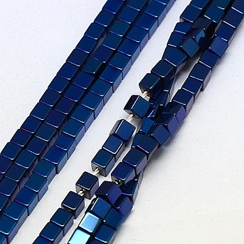 Electroplate Non-magnetic Synthetic Hematite Beads Strands, Cube, Grade A, Blue Plated, 3x3x3mm, Hole: 1mm, about 127pcs/strand, 16 inch