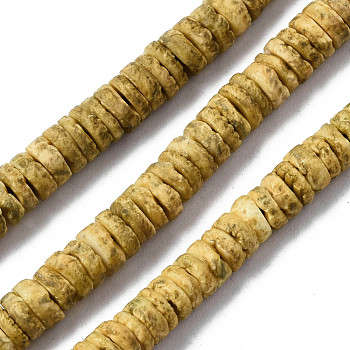 Natural Sea Shell Beads Strands, Dyed, Flat Round/Disc, Heishi Beads, Goldenrod, 5~7x1.5~2.5mm, Hole: 0.9mm, about 329~348pcs/strand, 22.32 inch~22.83 inch(56.7~58cm)