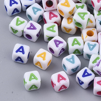 White Opaque Acrylic Beads, Horizontal Hole, Cube with Mixed Color Letter, Letter.A, 5x5x5mm, Hole: 2mm, about 5000pcs/500g