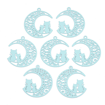 430 Stainless Steel Kitten Pendants, Spray Painted, Etched Metal Embellishments, Crescent Moon with Couple Cat Shape, Pale Turquoise, 22x19x0.5mm, Hole: 1mm