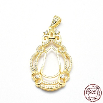 925 Sterling Silver Pendant Cabochon Open Back Settings, with Cubic Zirconia, Teardrop, with 925 Stamp, Golden, 38.5x21x4mm, Hole: 5x3mm, Tray: 16.5x8mm, Pin: 0.8mm