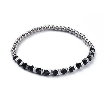 Glass Beads Stretch Bracelets, with Electroplate Non-magnetic Synthetic Hematite Beads and 304 Stainless Steel Beads, Stainless Steel Color, 2-1/4 inch(5.8cm)