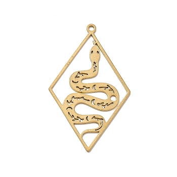 Pierced Brass Pendants, Rhombus with Snake Pattern, Golden, 42x26x1mm, Hole: 1.6mm