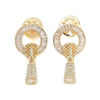 Rack Plating Brass Micro Pave Clear Cubic Zirconia Stud Earrings, Cadmium Free & Lead Free, Zipper Head, Real 18K Gold Plated, 33x17.5mm