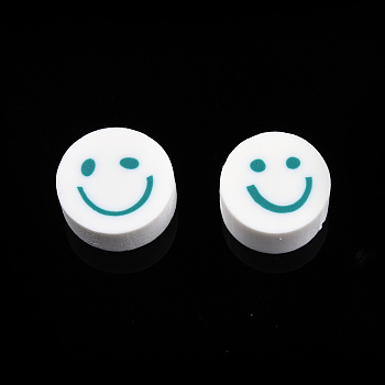 Handmade Polymer Clay Beads, Flat Round with Smiling Face, Dark Cyan, 9~10x4mm, Hole: 1.2~1.6mm