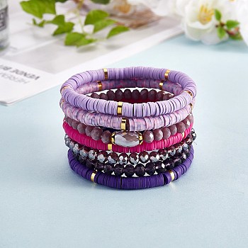 7Pcs 7 Style Handmade Polymer Clay Heishi Surfer Stretch Bracelets Set, Glass Beads Stackable Bracelets, Preppy Jewelry for Women, Purple, Inner Diameter: 2-1/8 inch(5.3cm), 1Pc/style