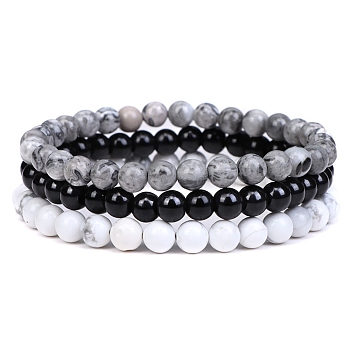 3Pcs 3 Style Natural Map Stone & Black Agate & Howlite Round Beaded Stretch Bracelets Set, Gemstone Stackable Bracelets for Woman, Wide: 6mm, 7-1/4~7-1/2 inch(18.5~19cm), 1Pc/style