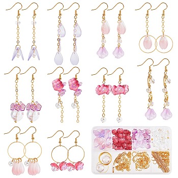 DIY Flower Long Dangle Earring Making Kits, Including Flower Petaline Glass Pendant & Beads, Brass Earring Hooks & Cable Chains, 304 Stainless Steel Pendants, Golden