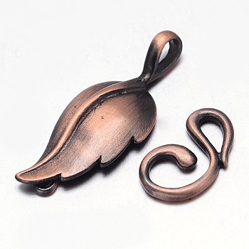 Brass Hook Clasps, For Leather Cord Bracelets Making, Leaf, Brushed Red Copper, Leaf: 33x13x3mm, Hook: 17x10x2mm, Hole: 1mm and 3x3mm