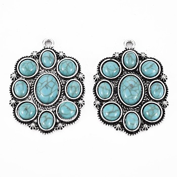 Tibetan Style Alloy Pendants, with Synthetic Turquoise, Cadmium Free & Lead Free, Oval, Antique Silver, 47.5x34.8x6.5mm, Hole: 2.5mm
