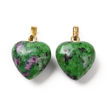 Natural Ruby in Zoisite Pendants, with Golden Tone Brass Findings, Heart Charm, 18x15~15.5x6~8mm, Hole: 6x3mm