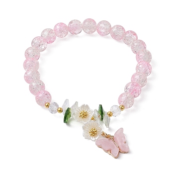 Glass Round Beaded Stretch Bracelet, Alloy Acrylic Butterfly & Glass Flower Charms Bracelet, Pink, Inner Diameter: 2-1/8 inch(5.4cm)