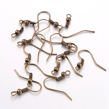 50Pcs Iron Earring Hooks, Ear Wire, with Horizontal Loop, Cadmium Free & Nickel Free & Lead Free, Antique Bronze, 18x0.8mm, Hole: 2mm, 22 Gauge, Pin: 0.6mm