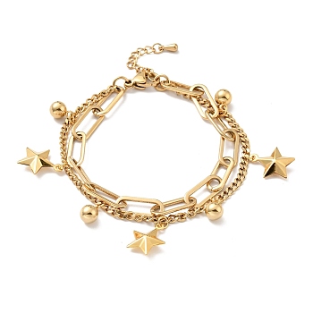 Star and Round Ball Charm Multi-strand Bracelet, Vacuum Plating 304 Stainless Steel Double Layered Chains Bracelet for Women, Golden, 7-1/2 inch(19cm)