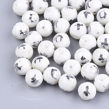 Autumn Theme Electroplate Glass Beads, Round with Maple Leaf Pattern, Silver, 8~8.5mm, Hole: 1.5mm
