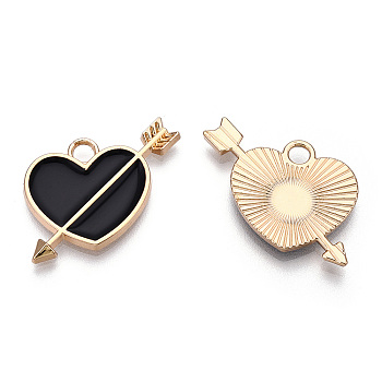 Light Gold Plated Alloy Pendants, with Enamel, Heart with Arrow, Black, 18x23.5x2mm, Hole: 2.5mm
