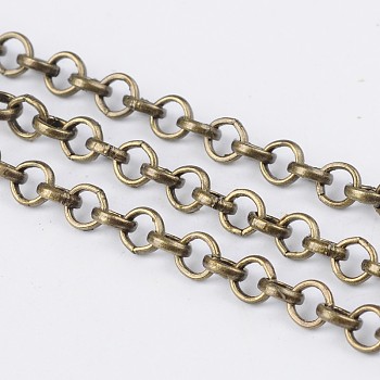 Iron Rolo Chain, Unwelded, with Spool, Cadmium Free & Nickel Free & Lead Free, Antique Bronze, 4x1mm, about 164.04 Feet(50m)/roll