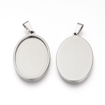 201 Stainless Steel Pendant Cabochon Settings, Oval, Stainless Steel Color, Tray: 35x25mm, 40x27.5x2.5mm, Hole: 8x4mm
