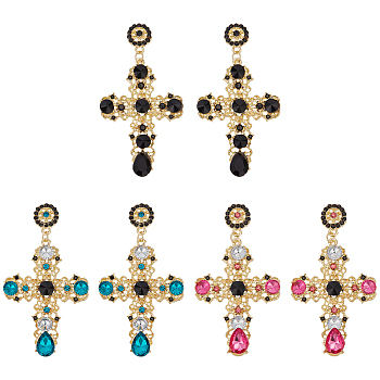 3 Pairs 3 Colors Plastic Cross Dangle Stud Earrings, Golden Alloy Long Drop Earrings, Mixed Color, 85x46mm, 1 Pair/color