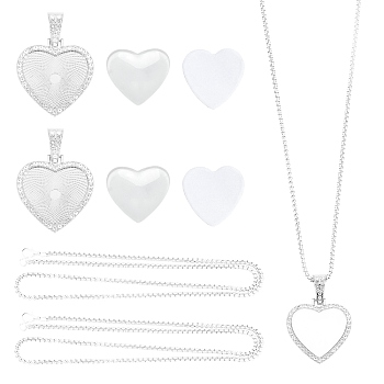 Alloy Rhinestone Pendant Necklaces, with Glass and Box Chains, Heart, Silver Color Plated, 24-1/4 inch(61.5cm)