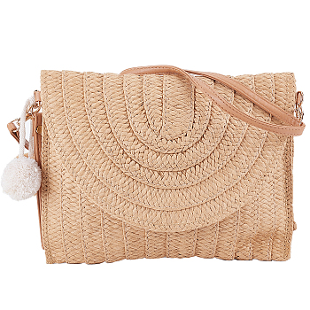 Women's Straw Knitted Bag, Summer Beach Purse Crossbody Bag, Boho Envelope Clutch Bag, with PU Leather Belt, Peru, 52cm