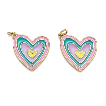 Brass Enamel Pendants, Long-Lasting Plated, Real 18K Gold Plated, with Jump Ring, Heart, Colorful, 22.5x20x2mm, Hole: 3mm
