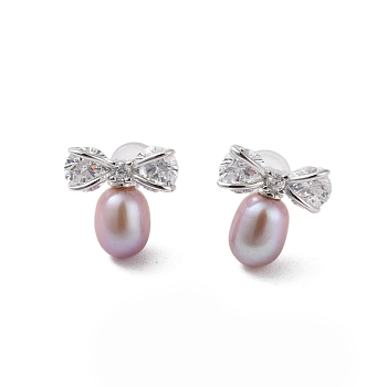 925 Sterling Silver Studs Earring, with Cubic Zirconia and Natural Pearl, Bowknot, Platinum, 12.5x12mm