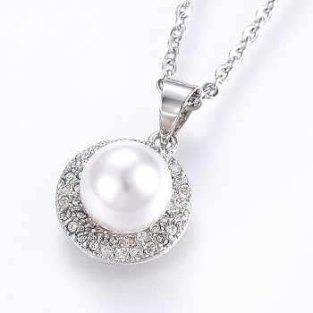 304 Stainless Steel Pendant Necklaces, with Cubic Zirconia and Acrylic Imitation Pearl, Flat Round, Stainless Steel Color, 17.71 inch(45cm), Pendant: 18x12x8.5mm