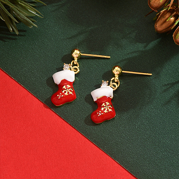 Christmas Socking Brass Enamel Dangle Stud Earrings, with Alloy Earring Findings, Golden, Red, 25x9mm